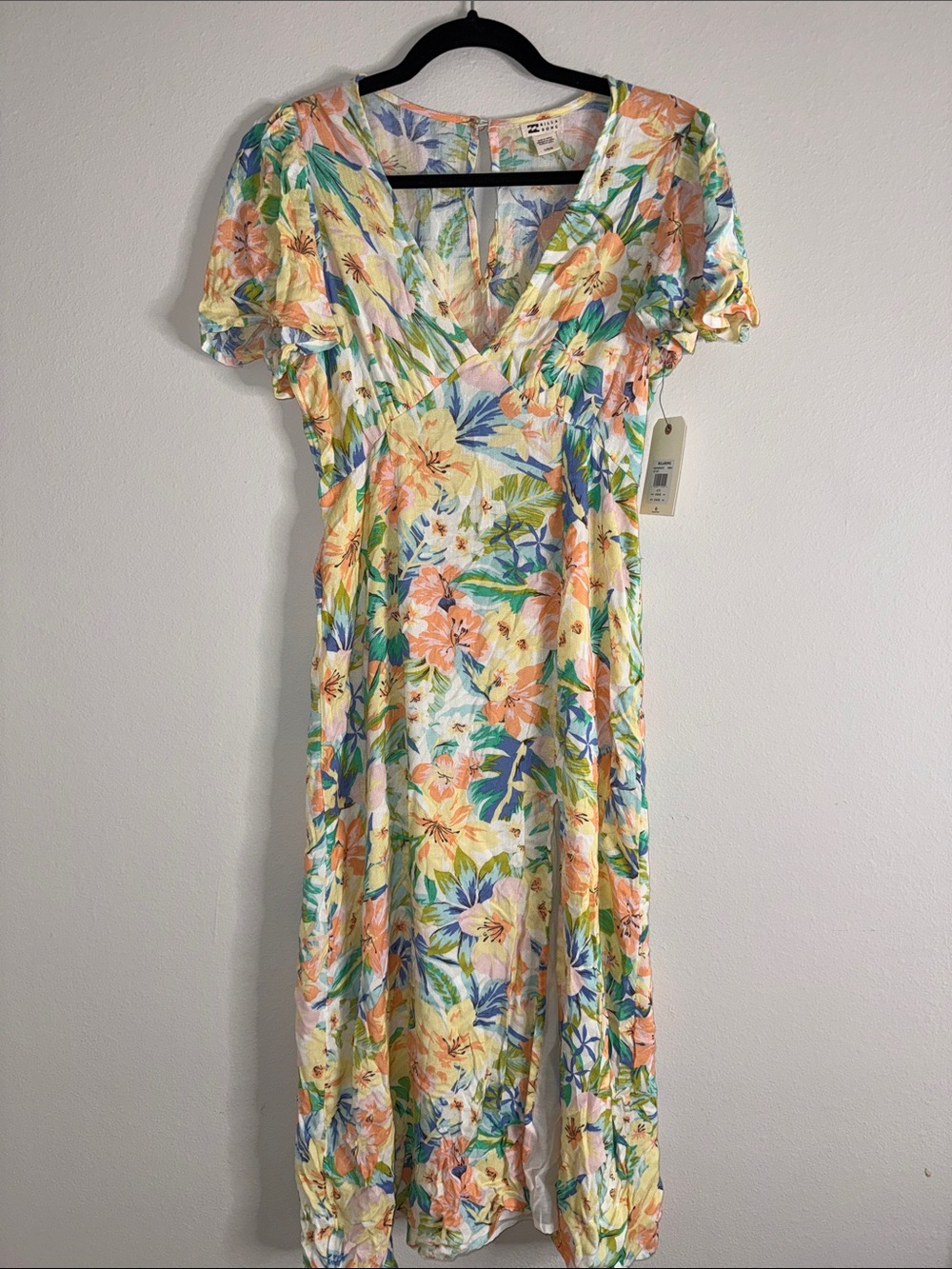 Billabong Floral V-Neck Maxi Dress in Peach, Yellow, Blue & Green
